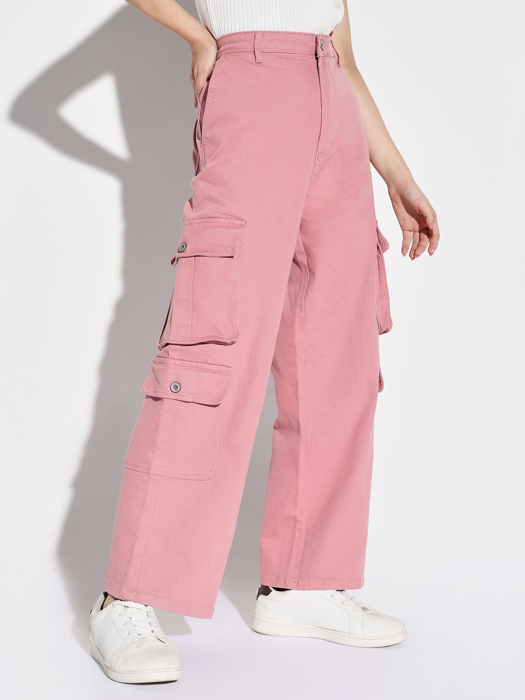 Women Pink Wide Leg Cargo Jeans