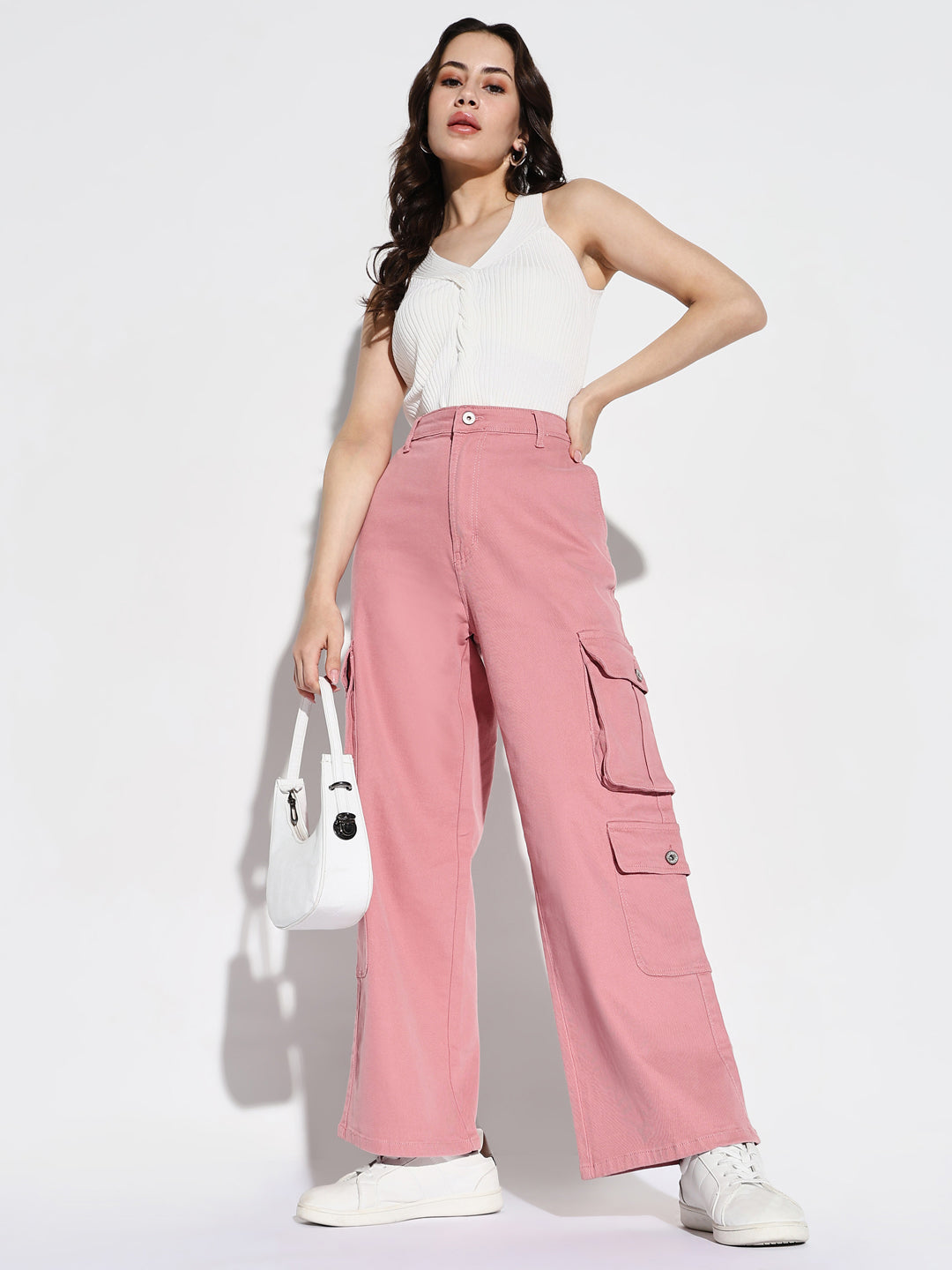 Women Pink Wide Leg Cargo Jeans