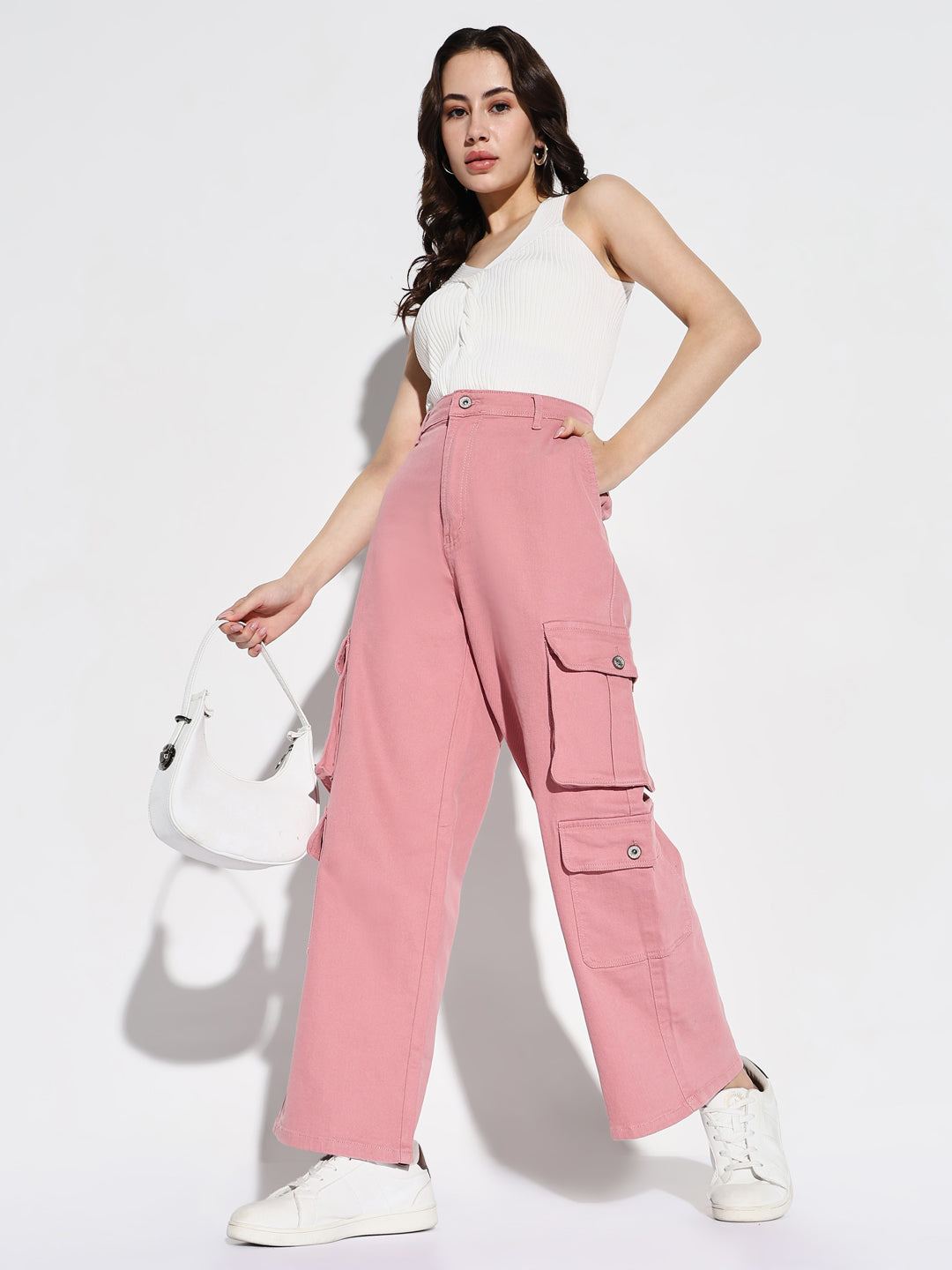 Women Pink Wide Leg Cargo Jeans