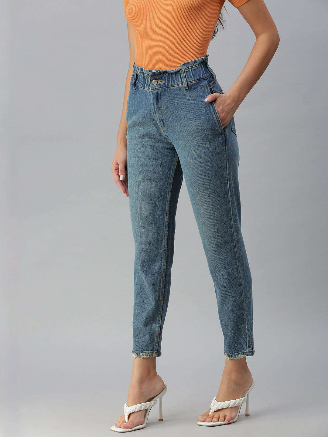 Women Solid Blue Mom Fit Denim Jeans