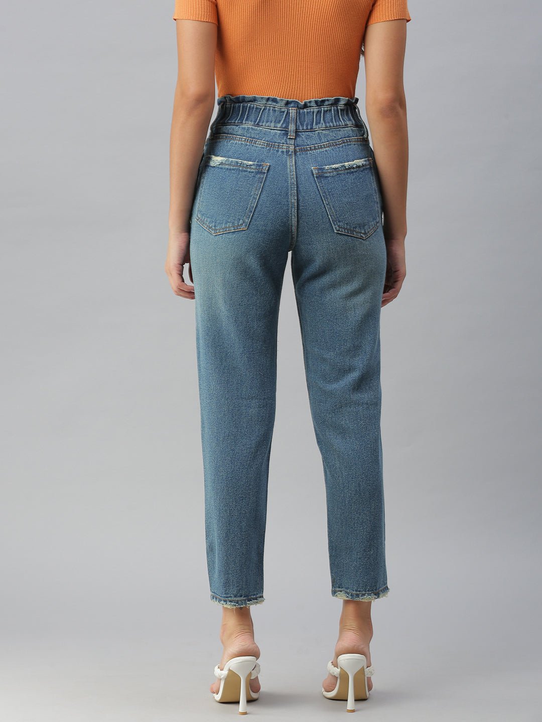 Women Solid Blue Mom Fit Denim Jeans