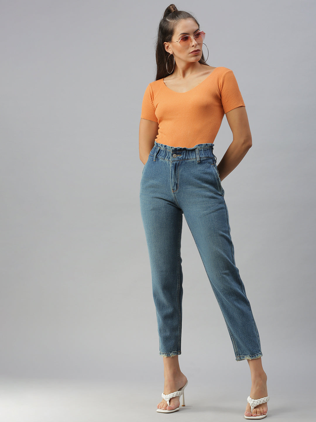 Women Solid Blue Mom Fit Denim Jeans