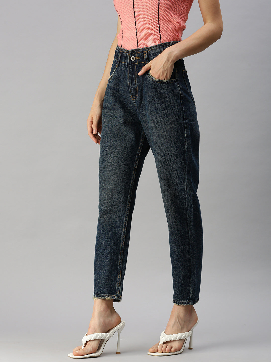 Women Solid Blue Mom Fit Denim Jeans