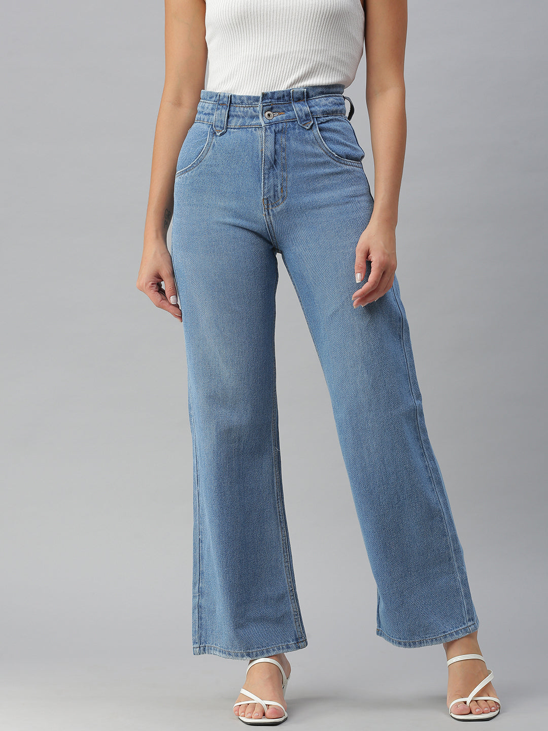 Women Solid Blue Wide Leg Denim Jeans