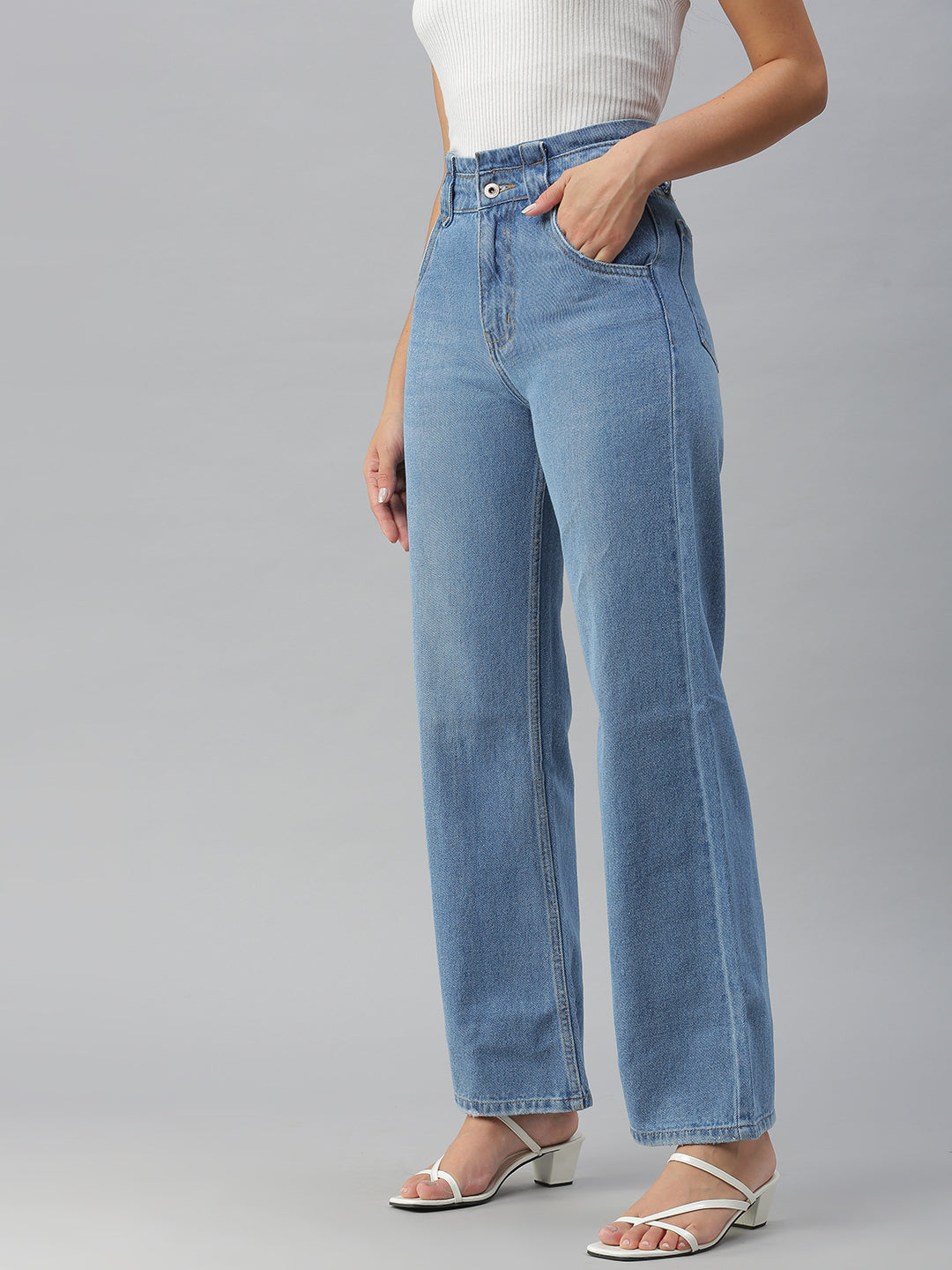 Women Solid Blue Wide Leg Denim Jeans