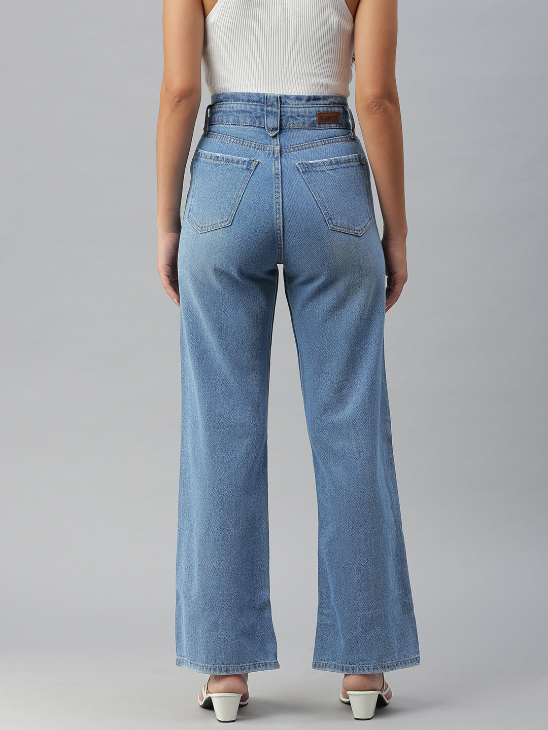 Women Solid Blue Wide Leg Denim Jeans