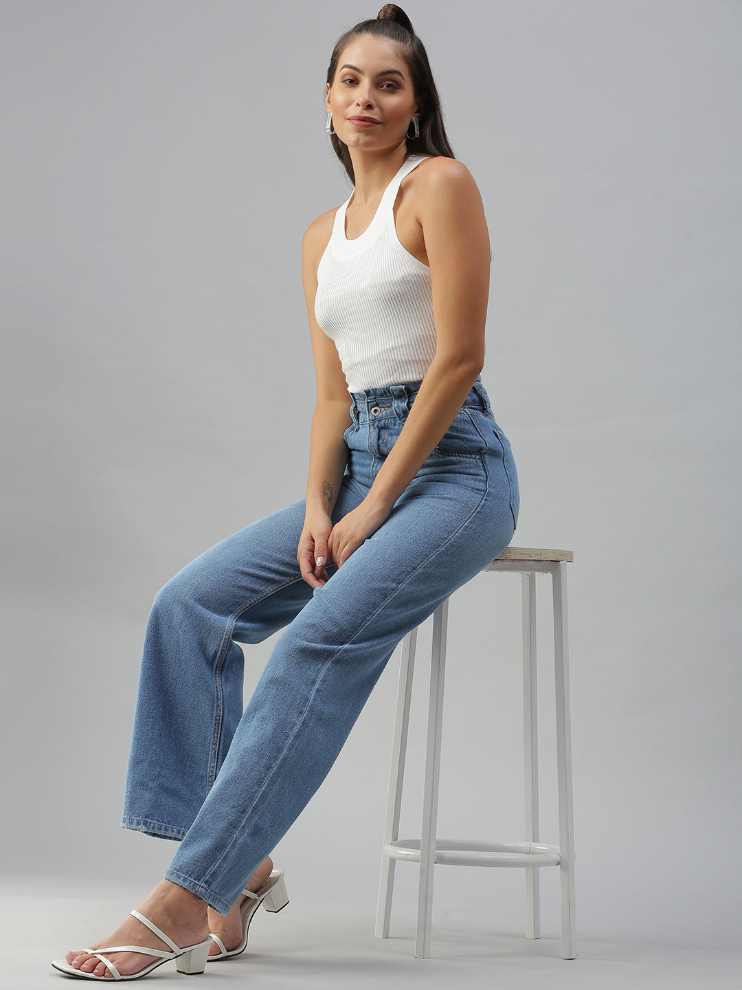 Women Solid Blue Wide Leg Denim Jeans