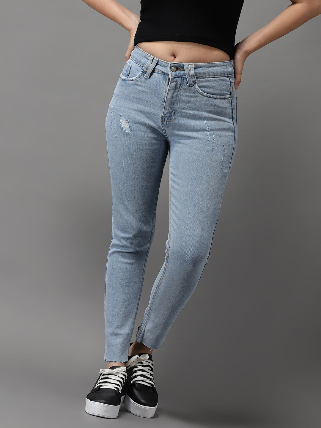 Women's Blue Slim Fit High-Rise Mildly Distressed Heavy Fade Stretchable Jeans