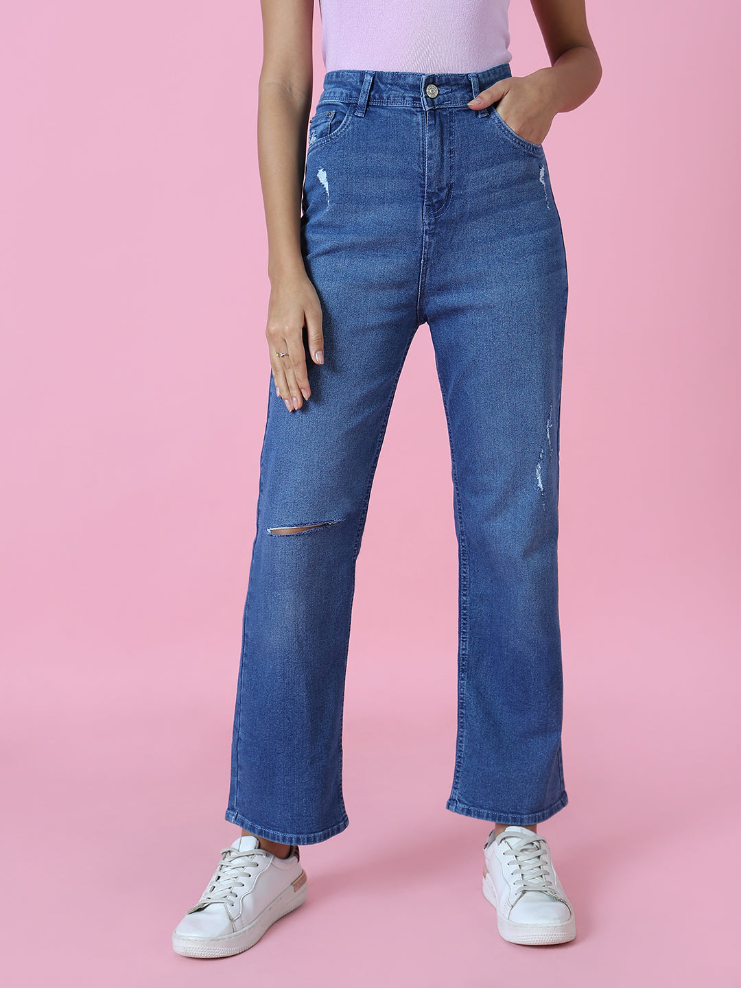 Women's Blue Solid Wide Leg Denim Jeans