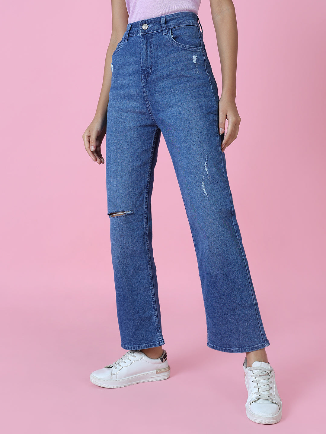 Women's Blue Solid Wide Leg Denim Jeans