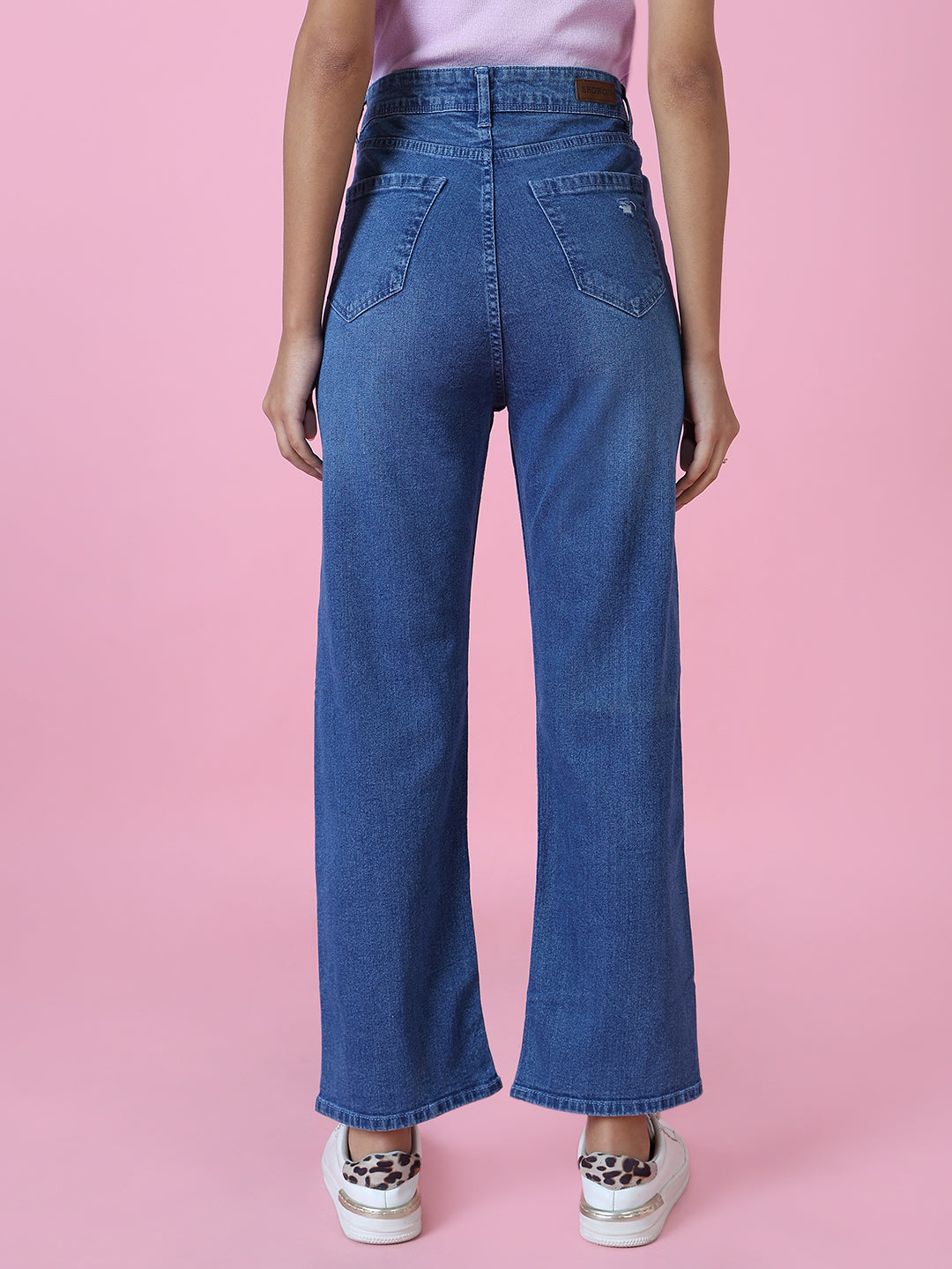 Women's Blue Solid Wide Leg Denim Jeans