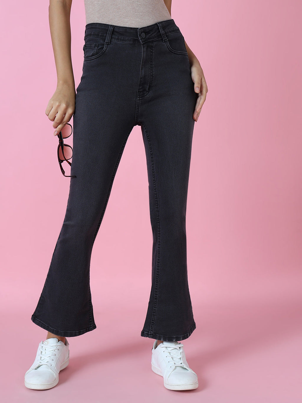 Shop Women's Grey Jean Flared Jeans Showoffff - Main Image