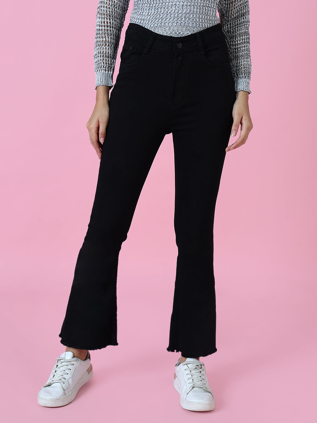 Women Black Solid Flared Denim Jeans