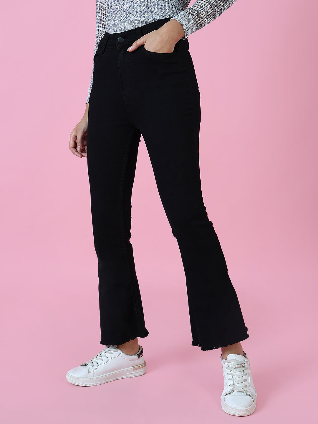 Women Black Solid Flared Denim Jeans