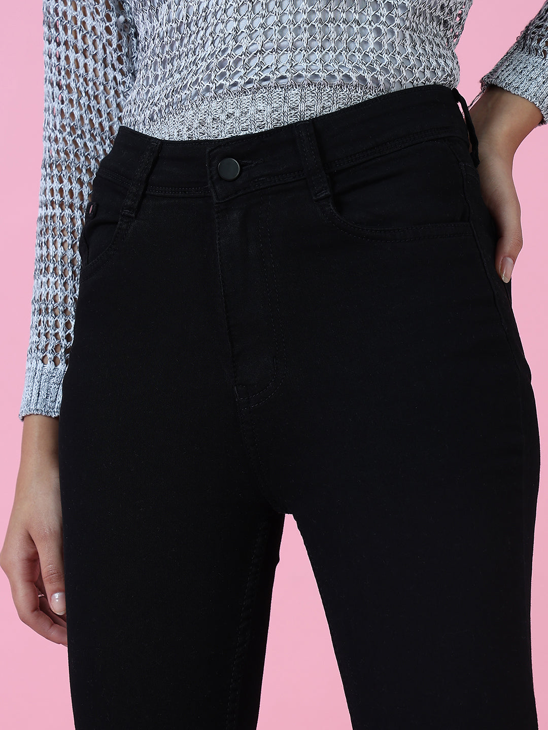 Women Black Solid Flared Denim Jeans