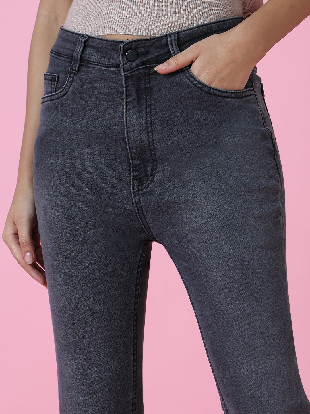 Women Grey Solid Flared Denim Jeans