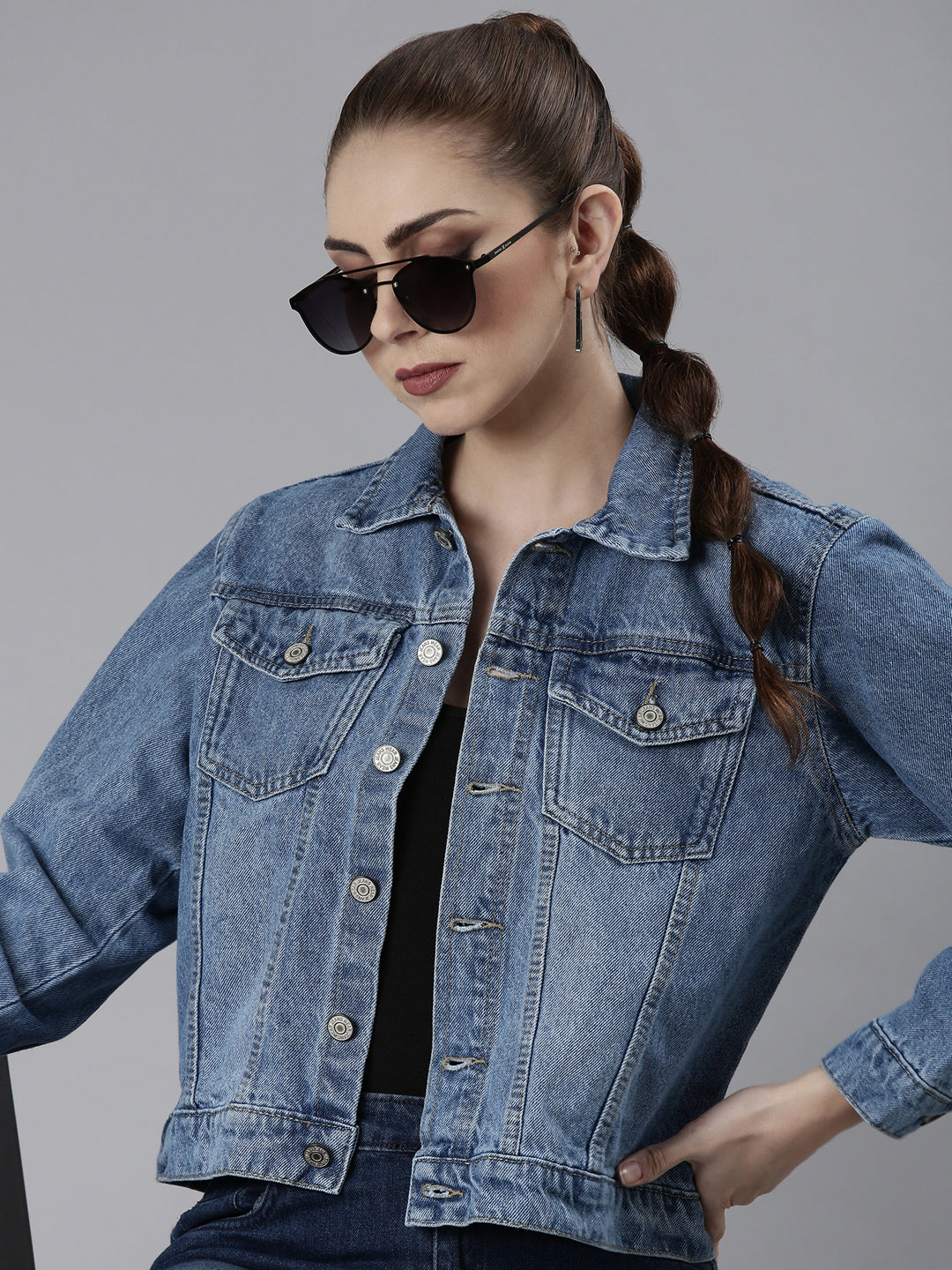 Women's Blue Spread Collar Crop Denim Jacket