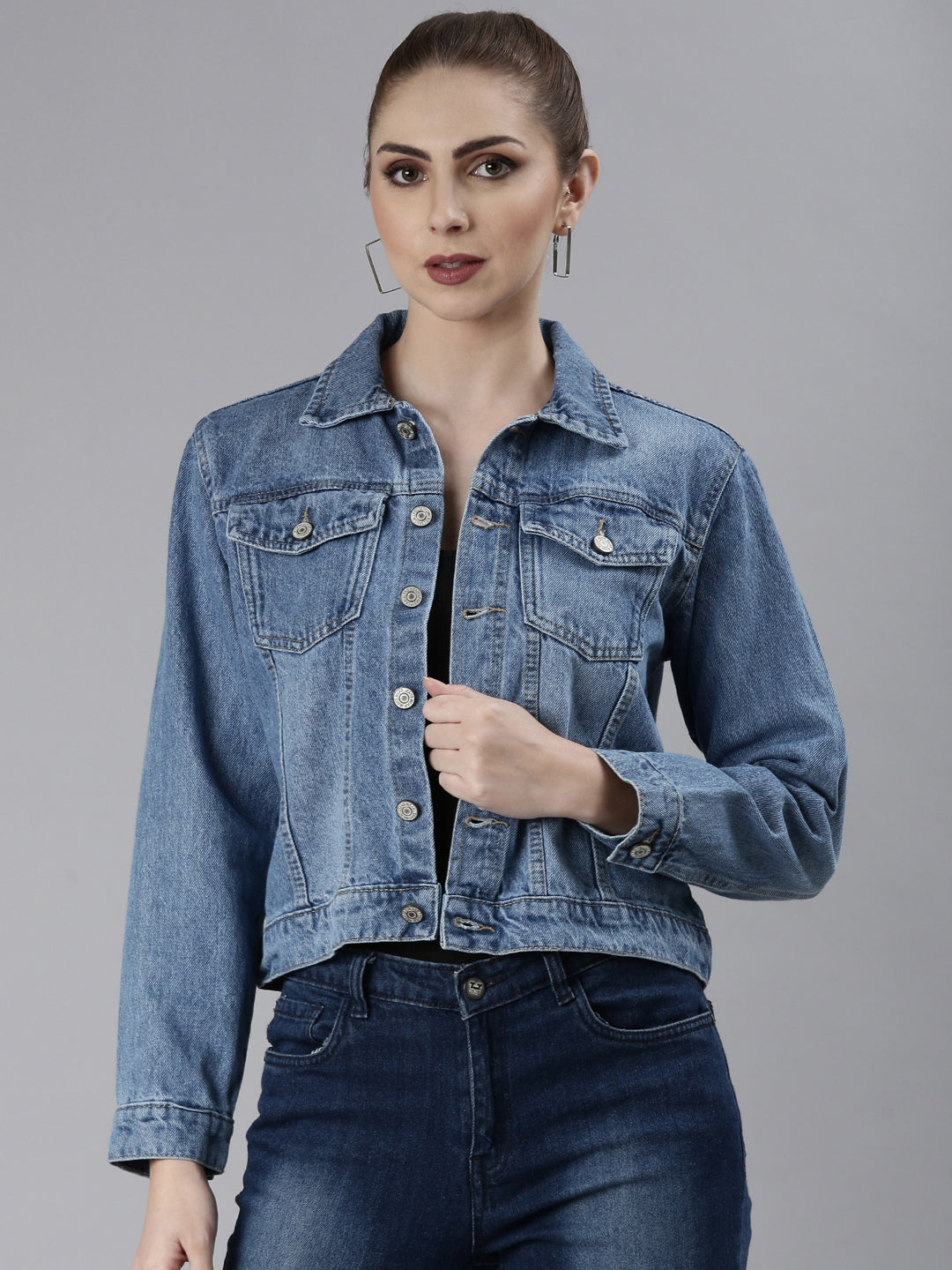 Women's Blue Spread Collar Crop Denim Jacket