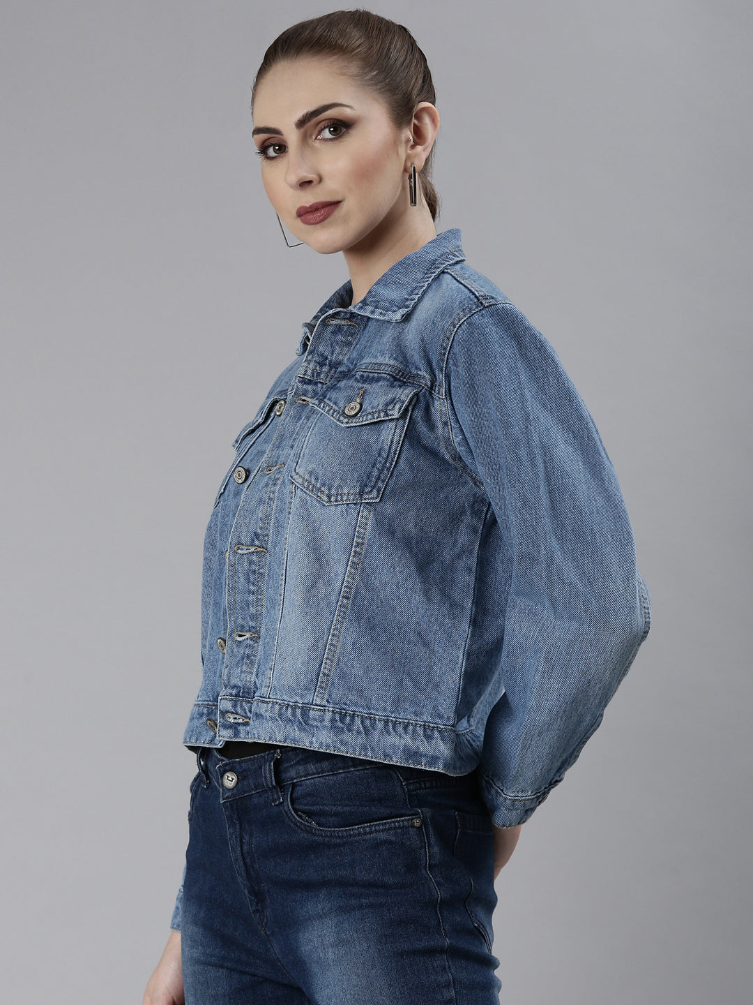 Women's Blue Spread Collar Crop Denim Jacket