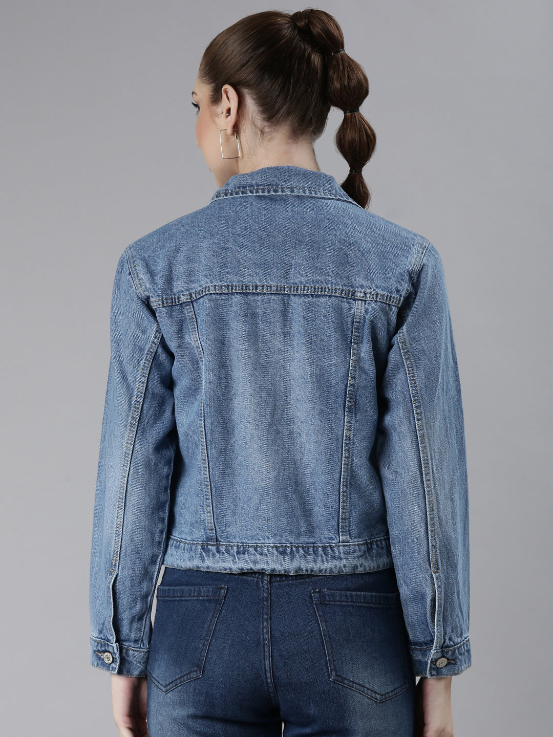 Women's Blue Spread Collar Crop Denim Jacket