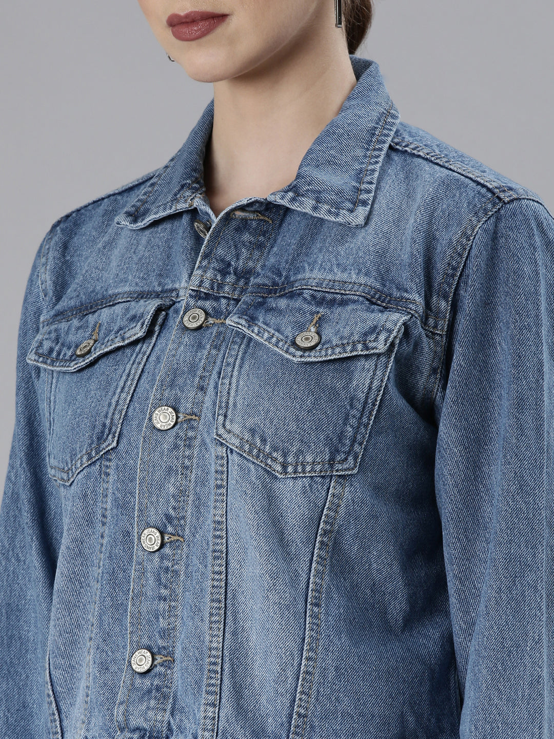 Women's Blue Spread Collar Crop Denim Jacket