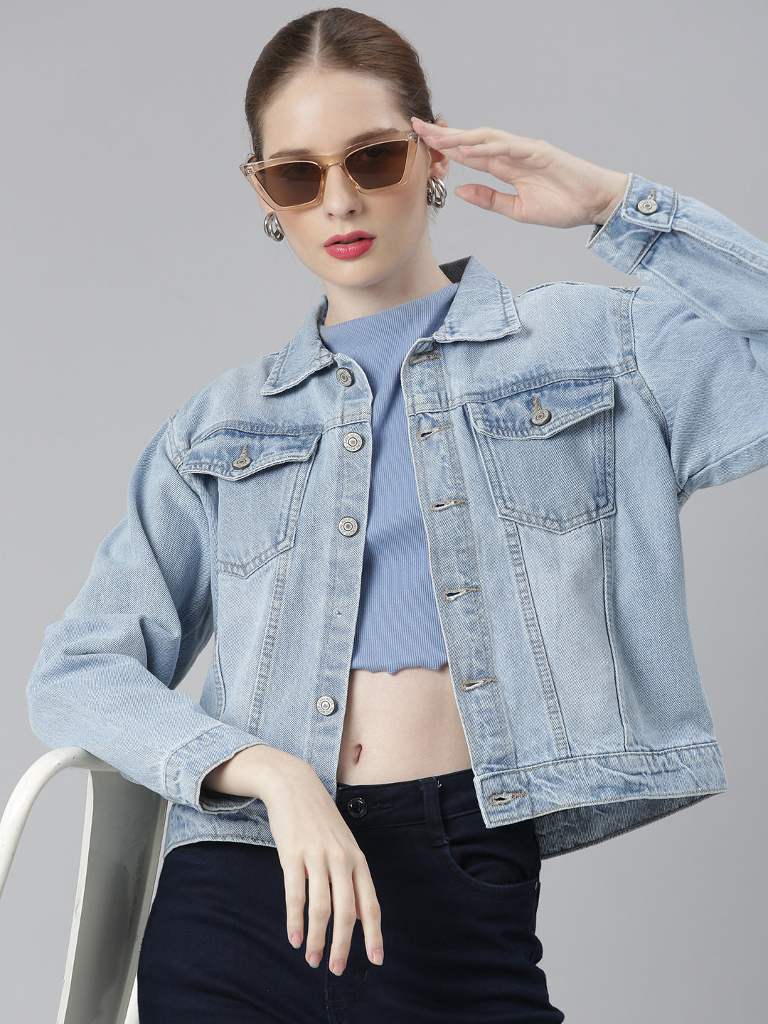 Women Blue Solid Denim Jacket