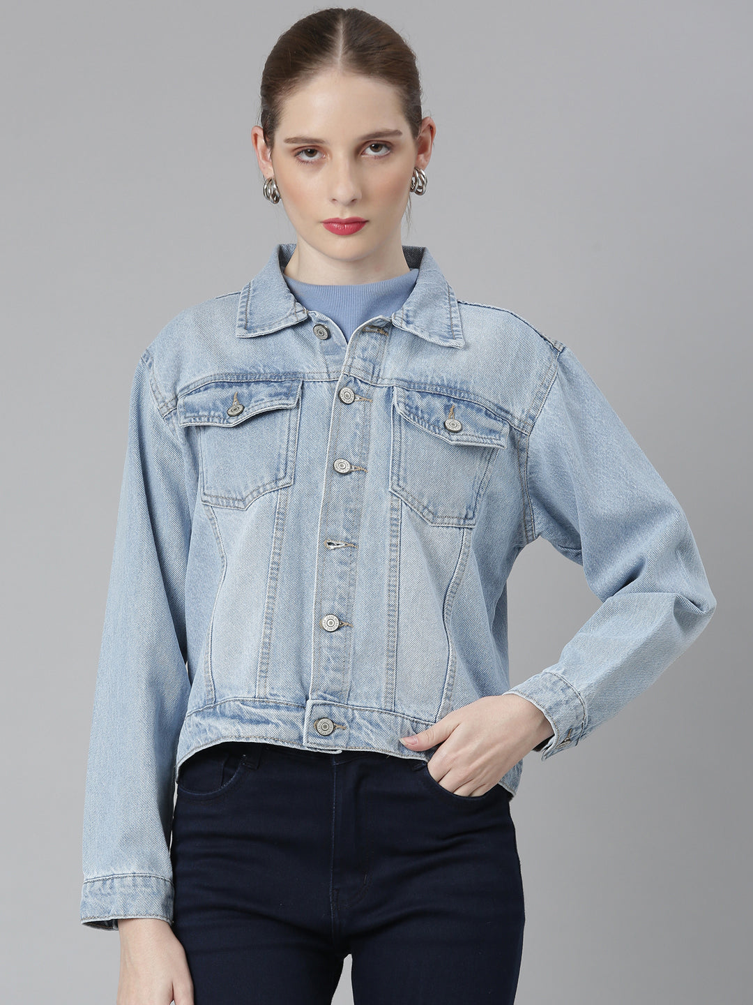 Women Blue Solid Denim Jacket