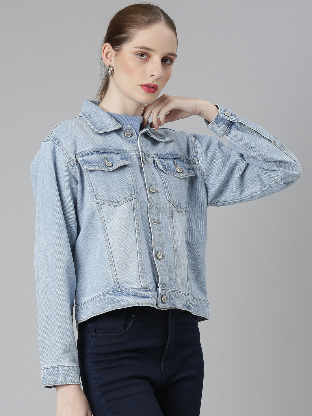 Women Blue Solid Denim Jacket