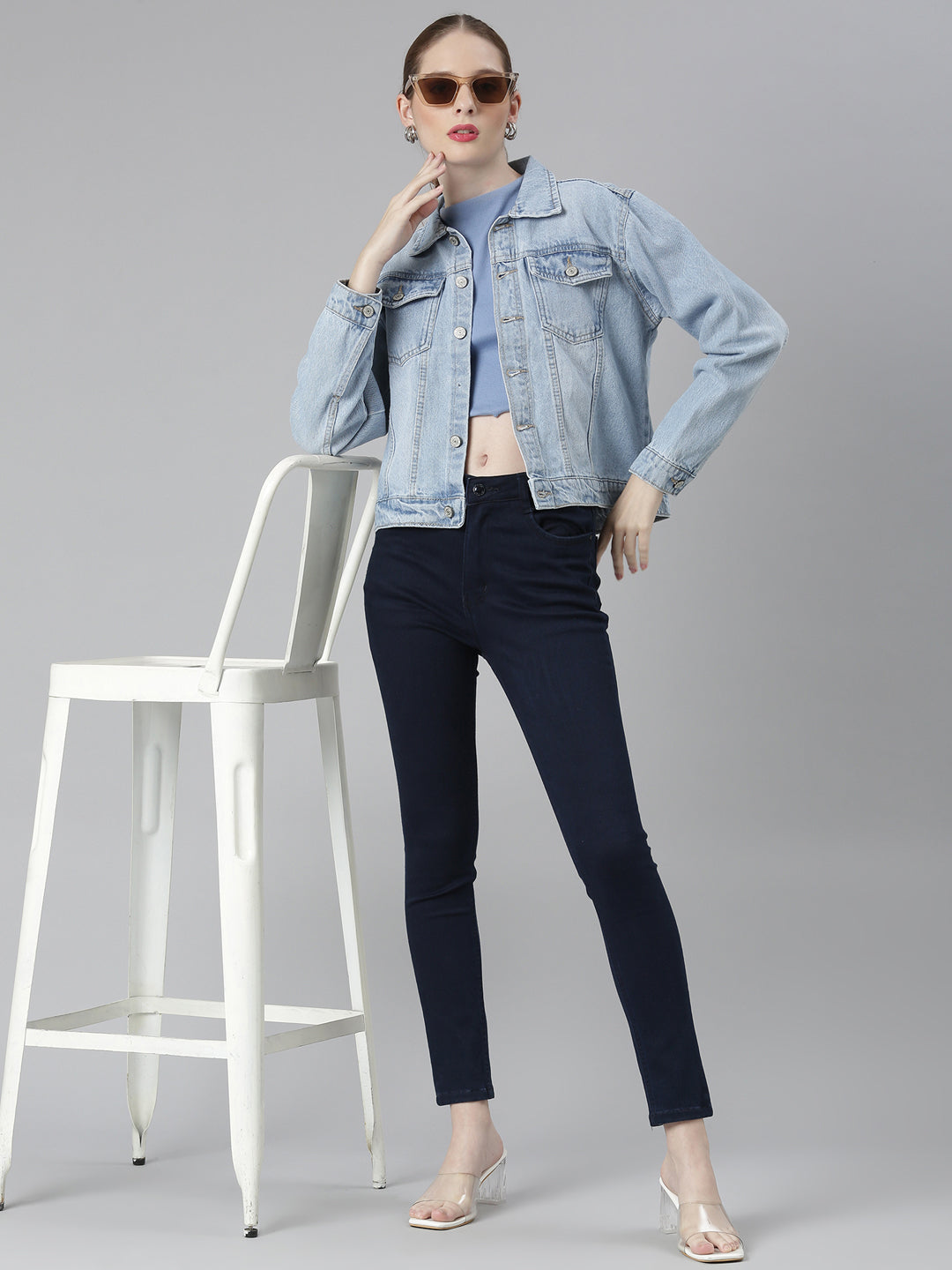 Women Blue Solid Denim Jacket