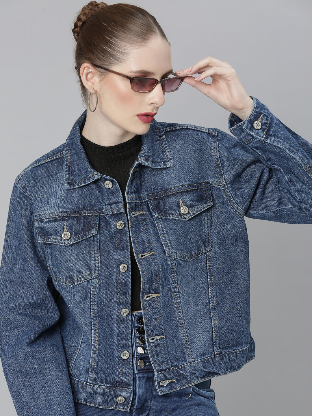 Women Navy Blue Solid Denim Jacket