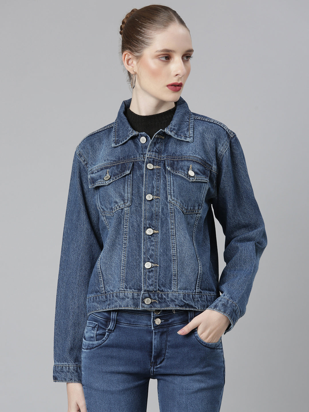 Women Navy Blue Solid Denim Jacket