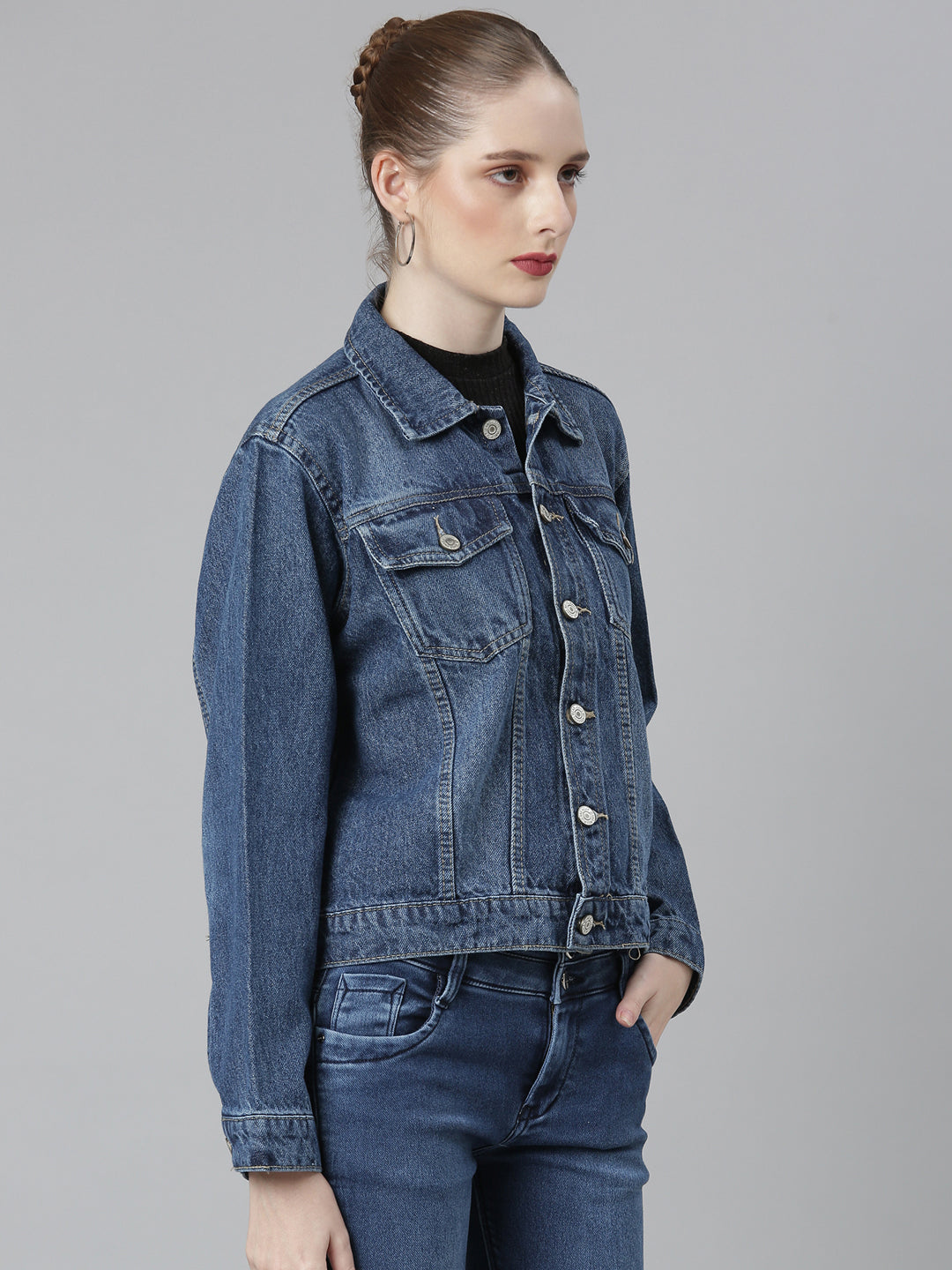 Women Navy Blue Solid Denim Jacket