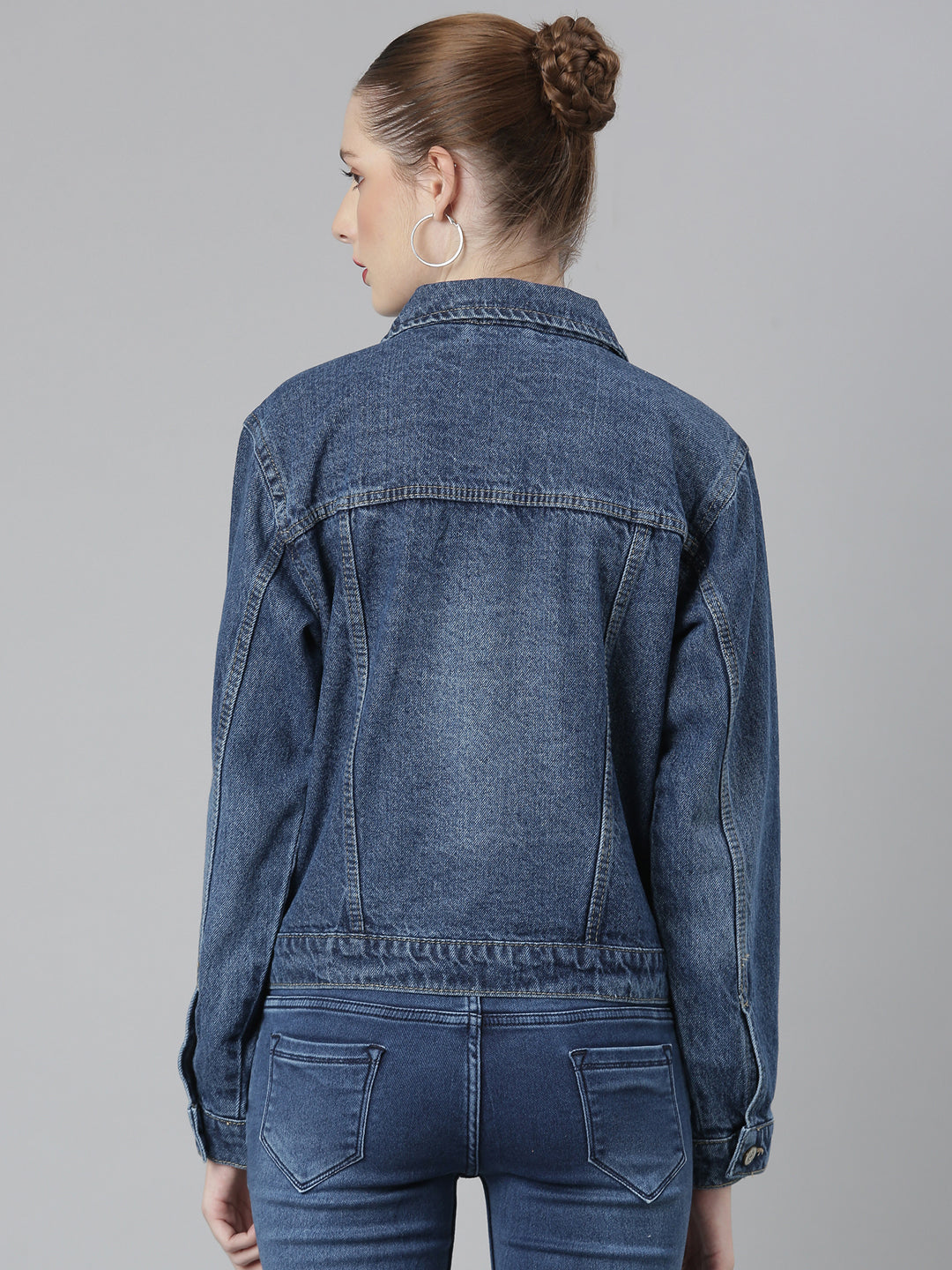 Women Navy Blue Solid Denim Jacket