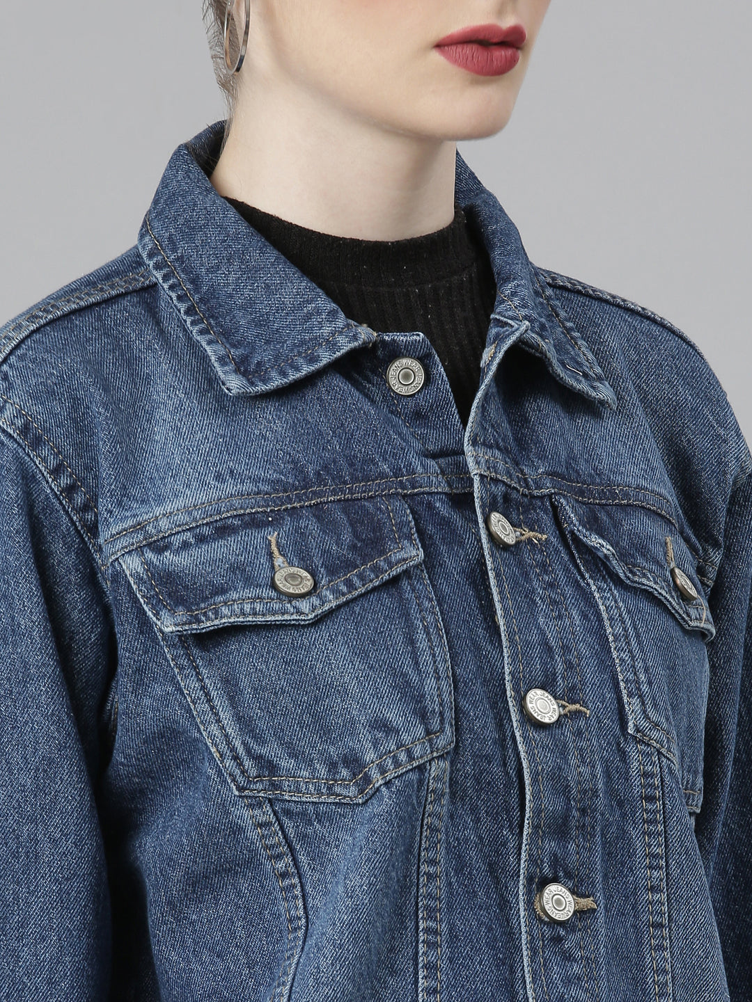 Women Navy Blue Solid Denim Jacket