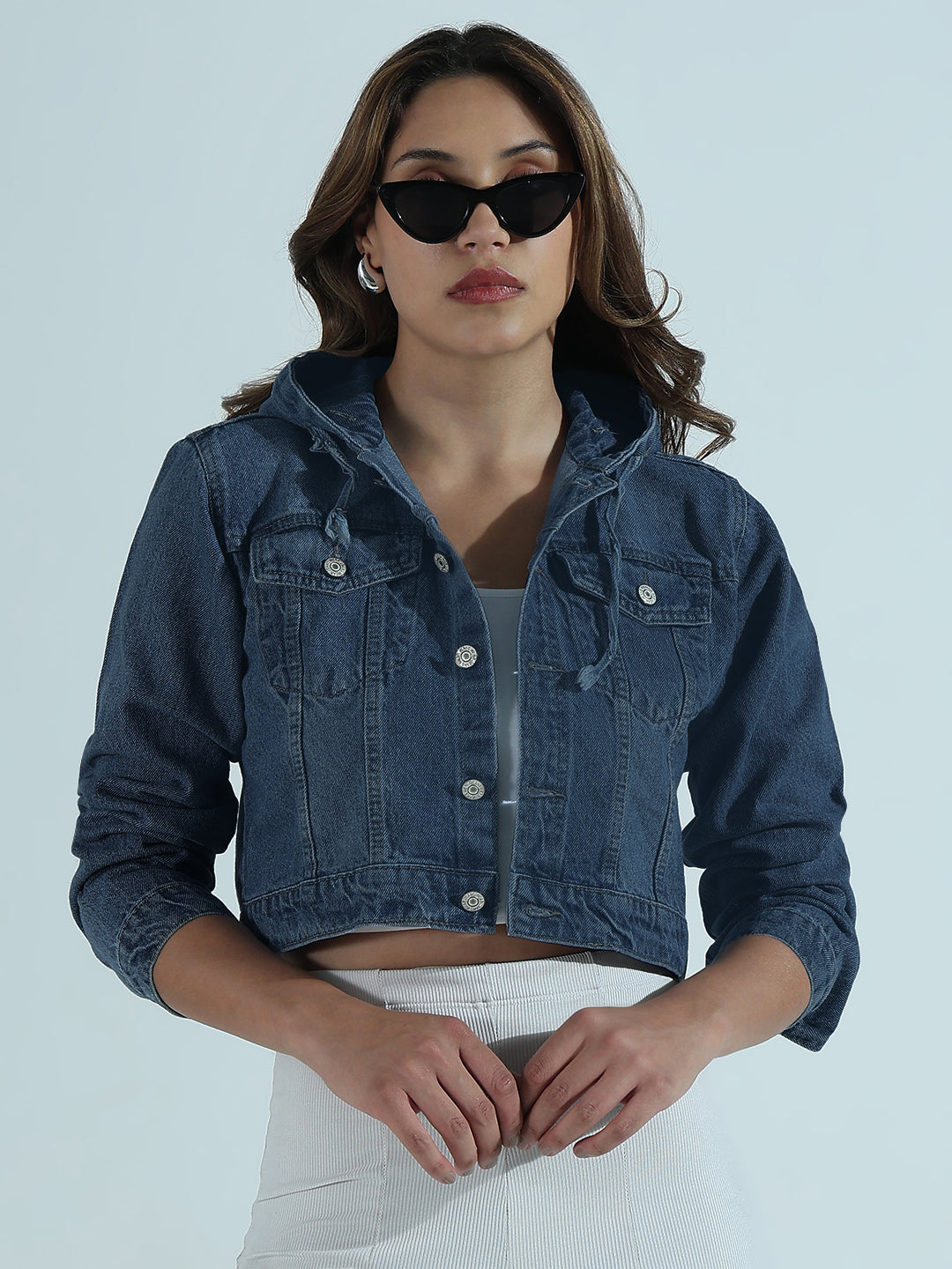 Women's Blue Hooded Relaxed Fit Denim Cropped Jacket