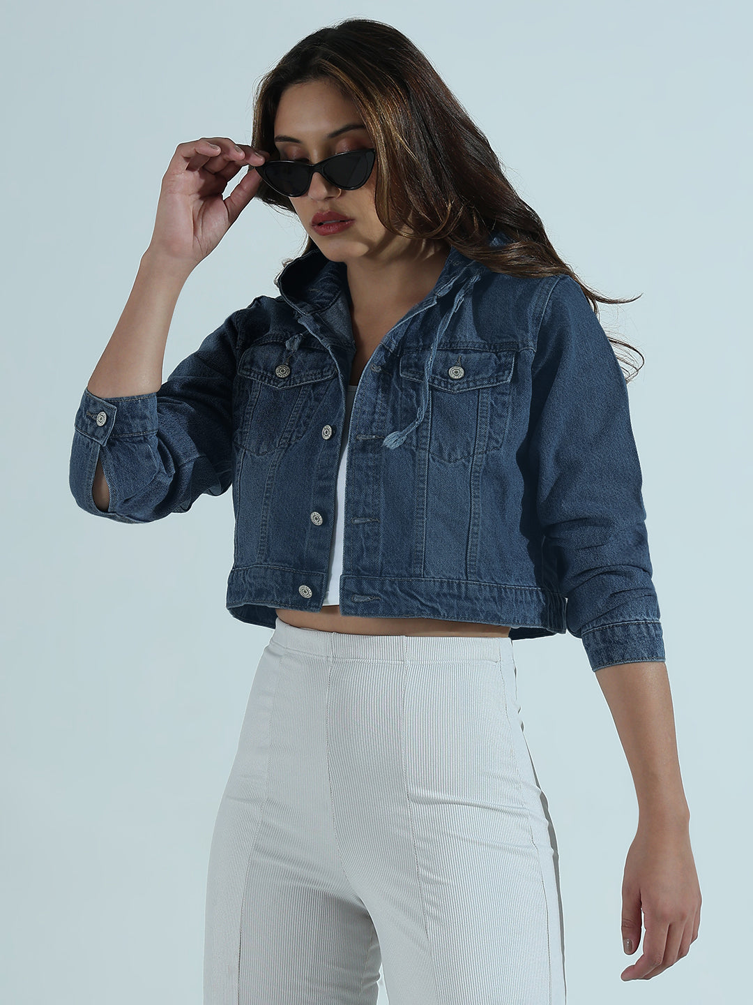 Women's Blue Hooded Relaxed Fit Denim Cropped Jacket