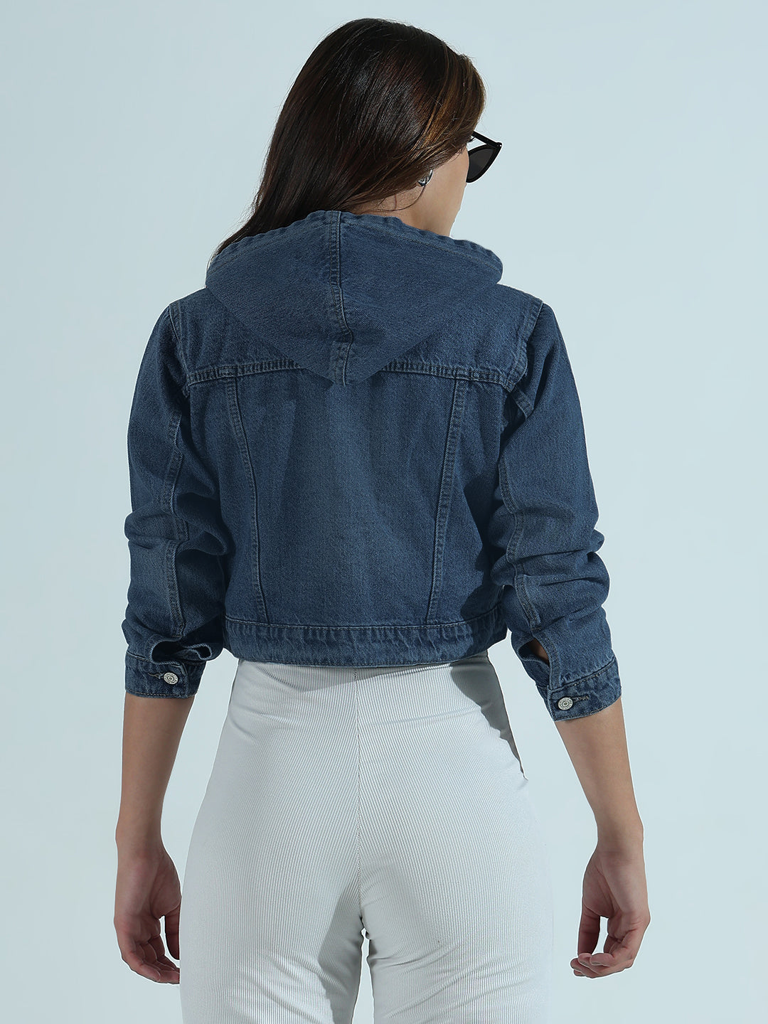 Women's Blue Hooded Relaxed Fit Denim Cropped Jacket
