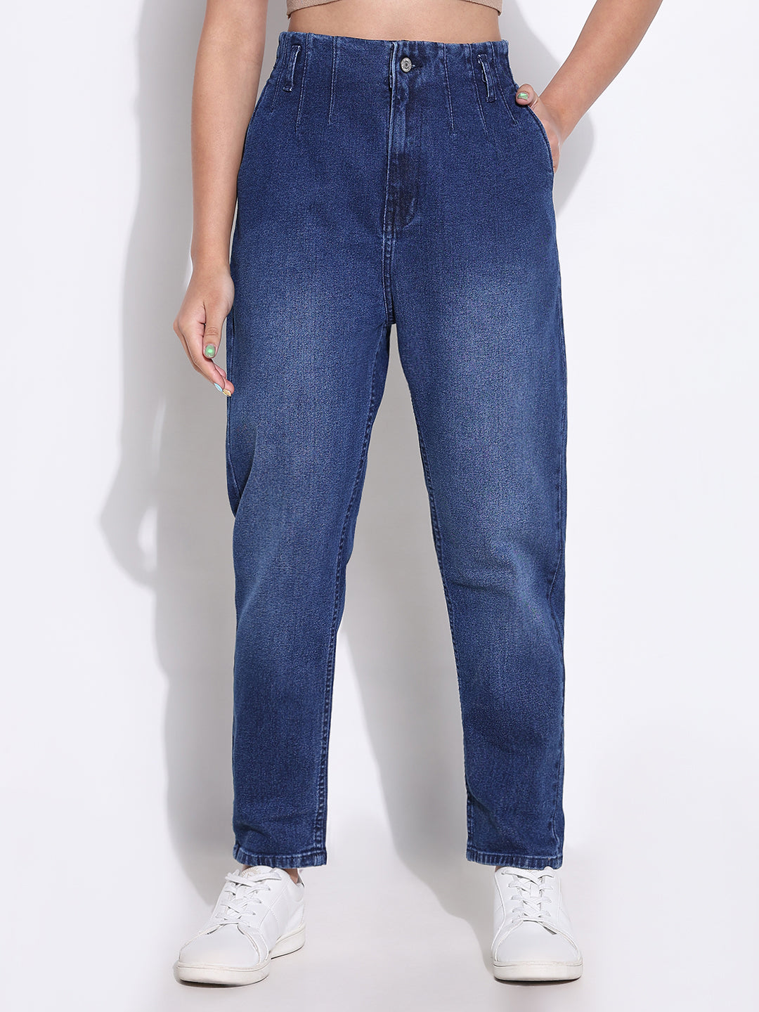 Women Solid Blue Mom Fit Jeans