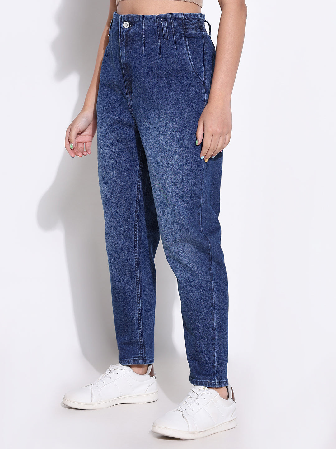 Women Solid Blue Mom Fit Jeans