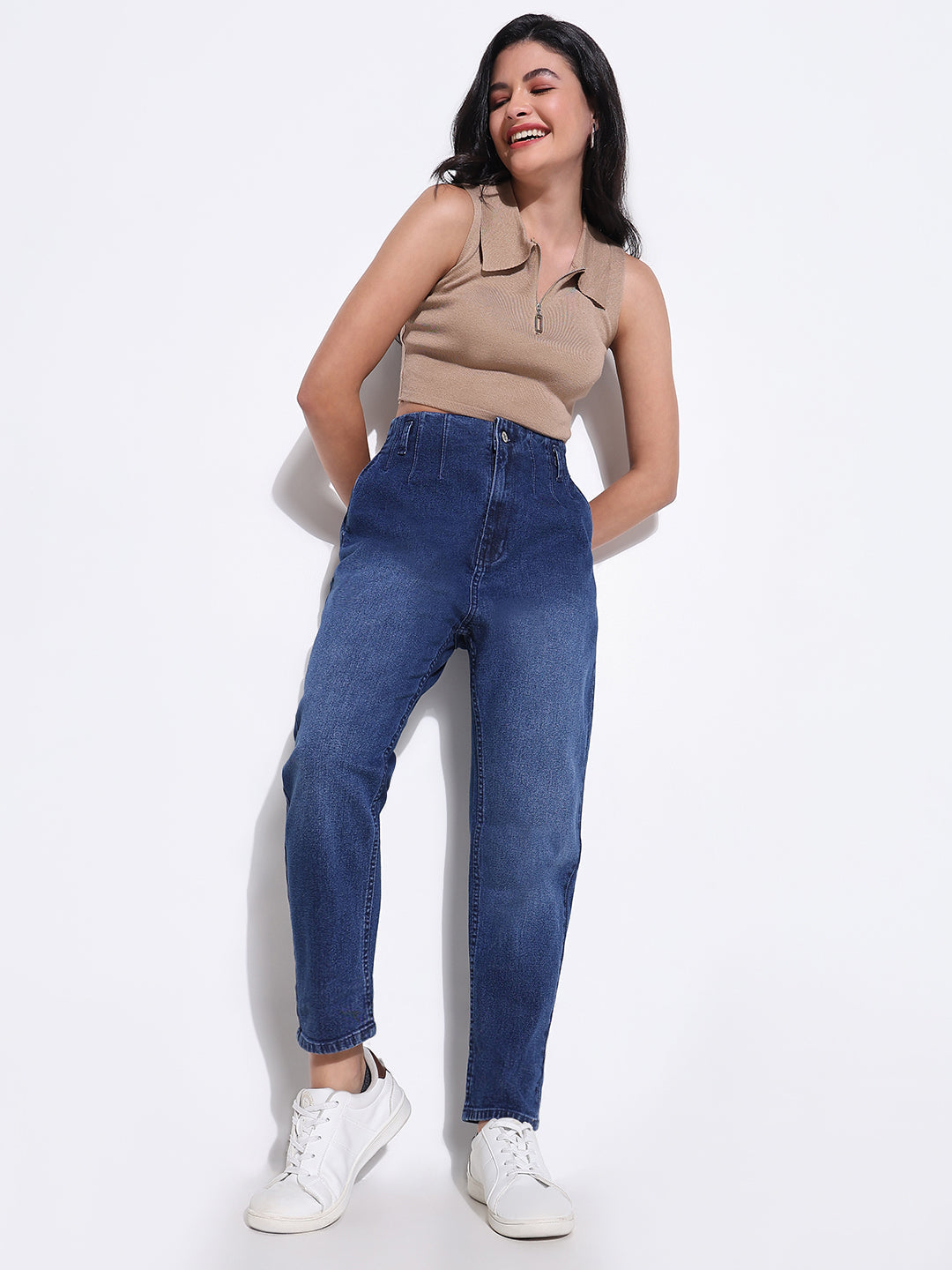 Women Solid Blue Mom Fit Jeans