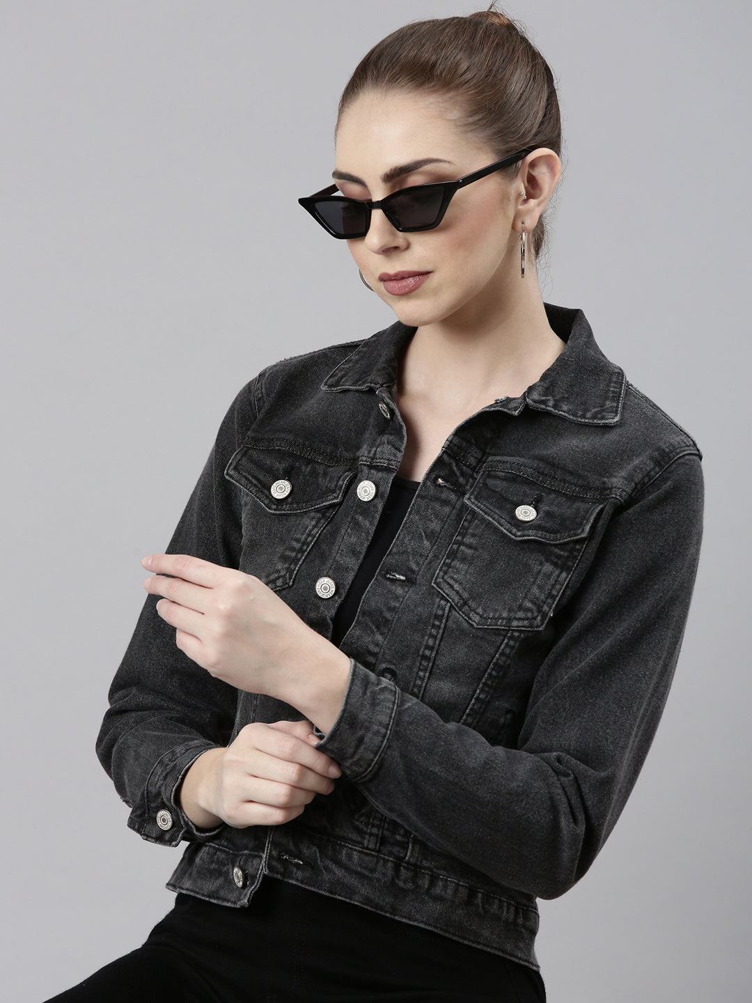 Women Grey Solid Denim Jacket