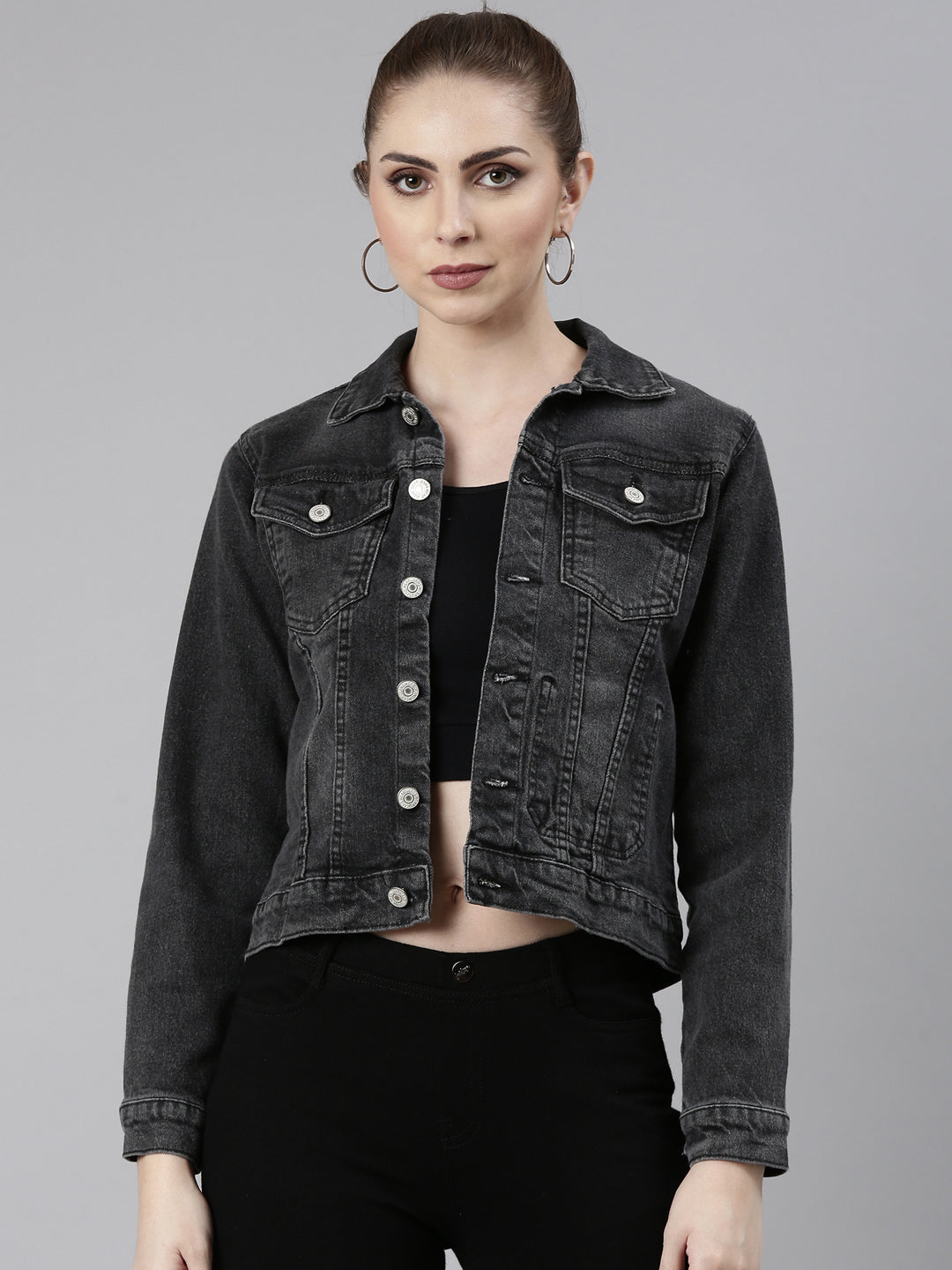 Women Grey Solid Denim Jacket