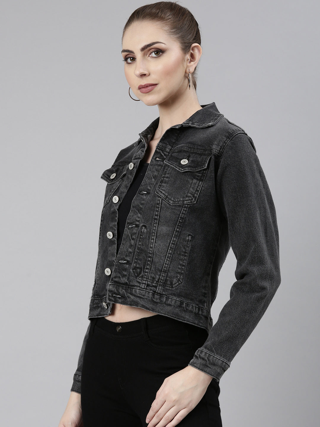 Women Grey Solid Denim Jacket