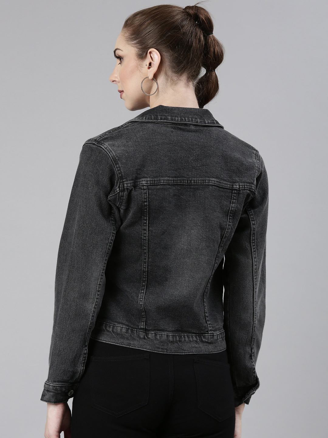 Women Grey Solid Denim Jacket