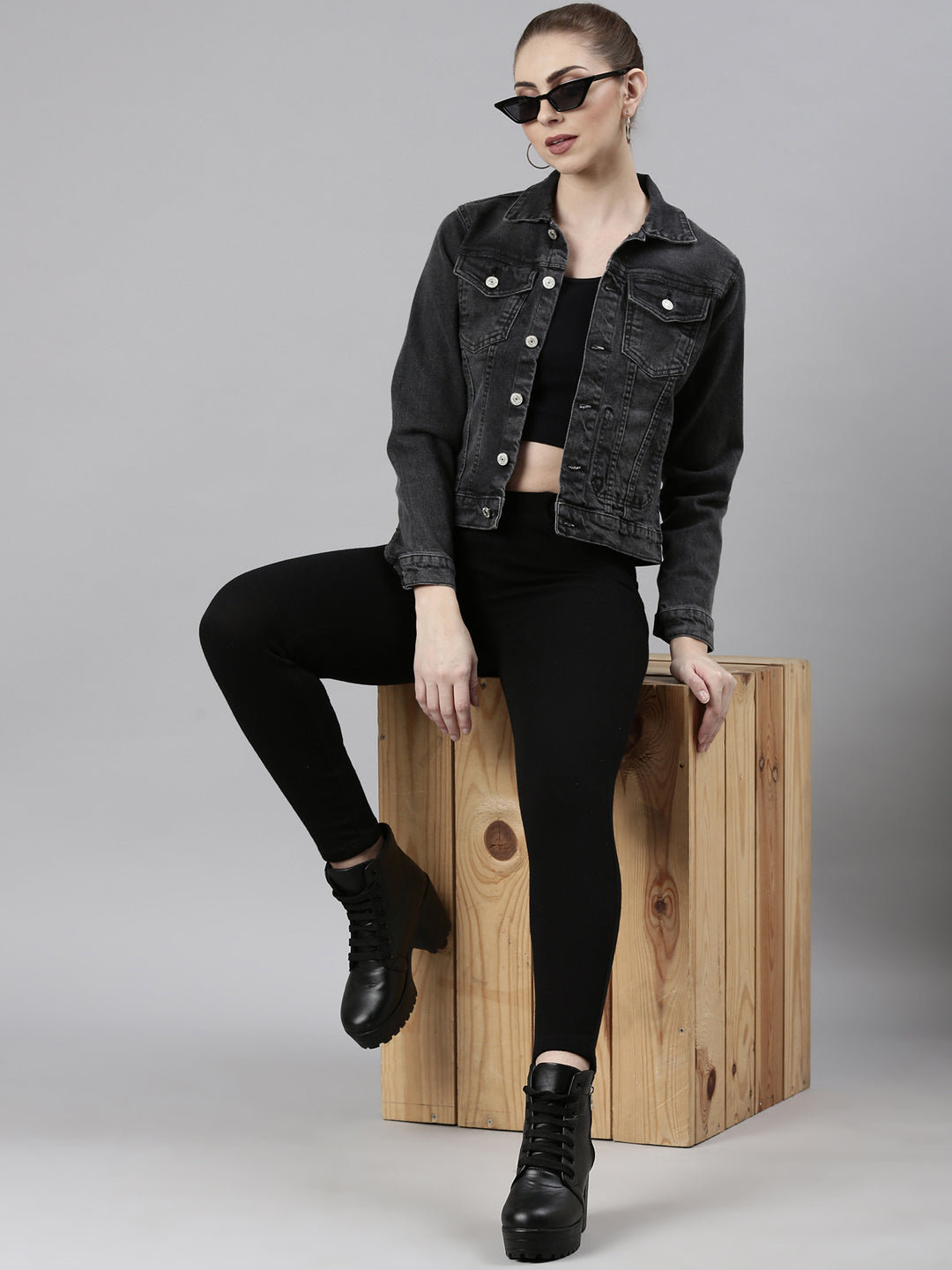 Women Grey Solid Denim Jacket