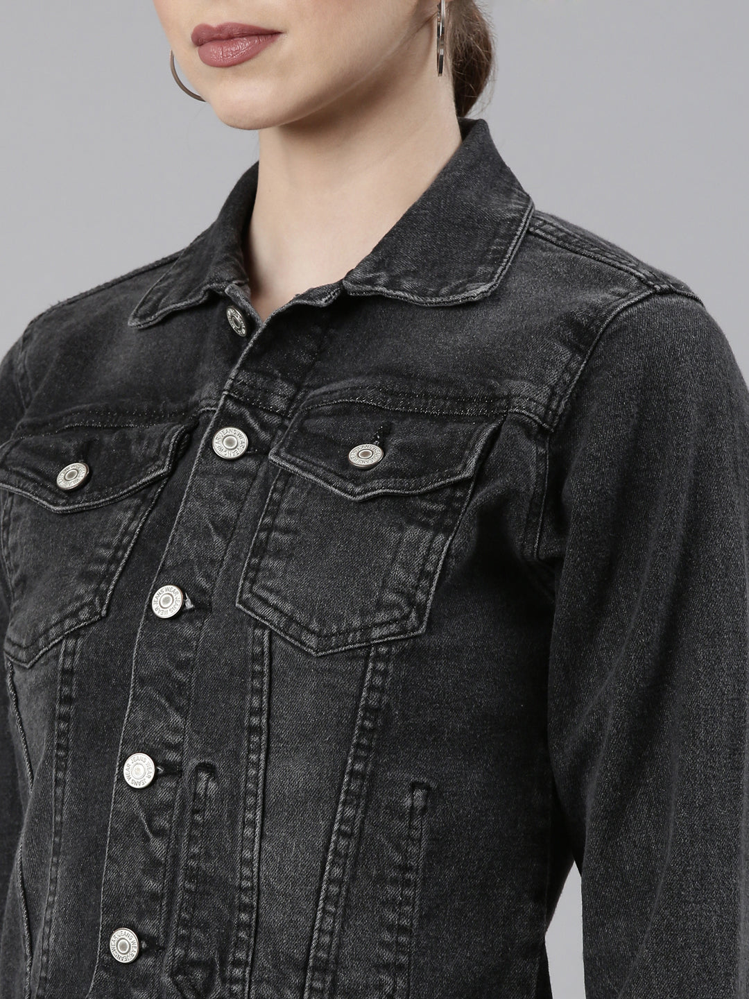 Women Grey Solid Denim Jacket