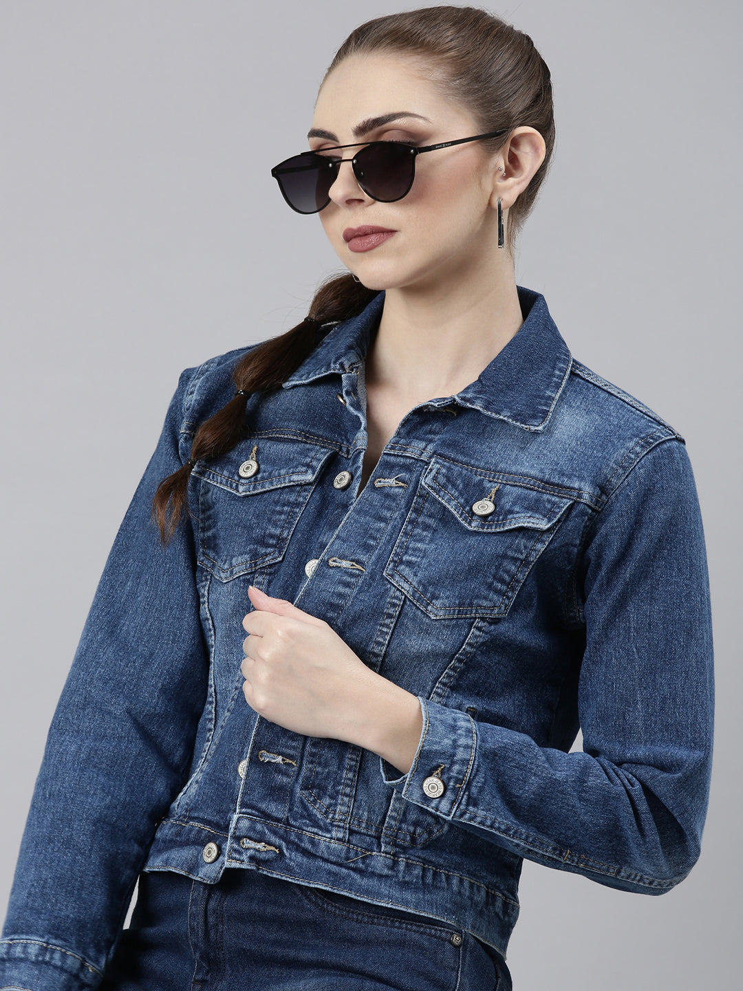 Women Navy Blue Solid Denim Jacket