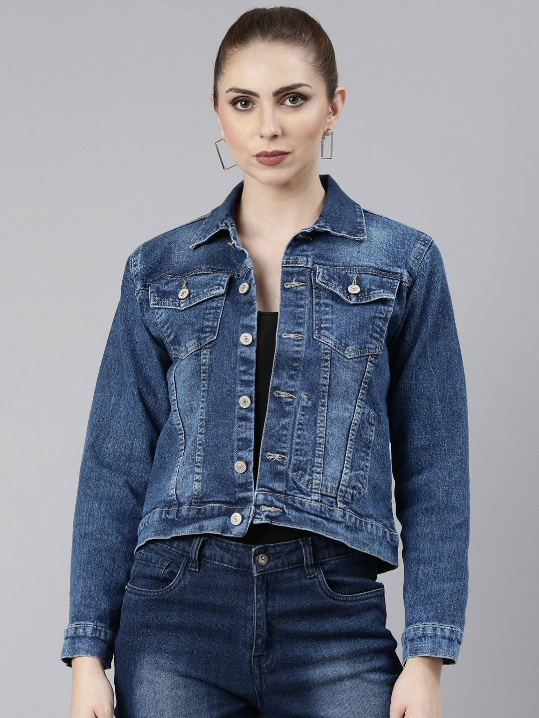 Women Navy Blue Solid Denim Jacket