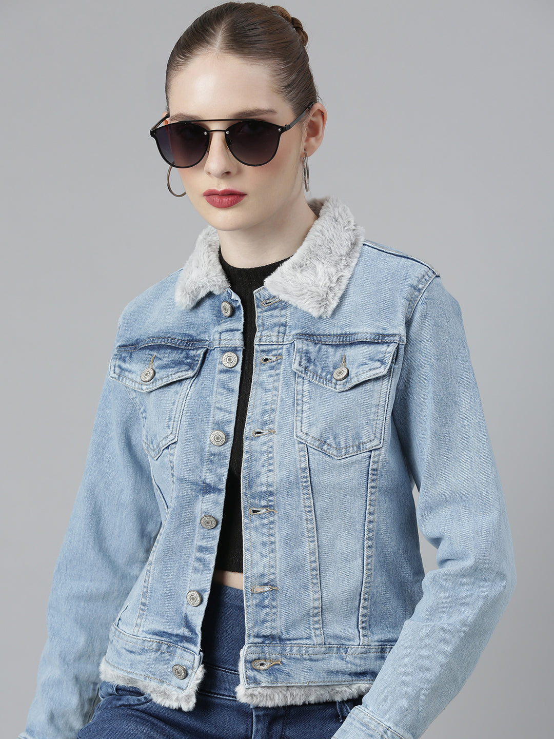 Women Blue Solid Denim Jacket