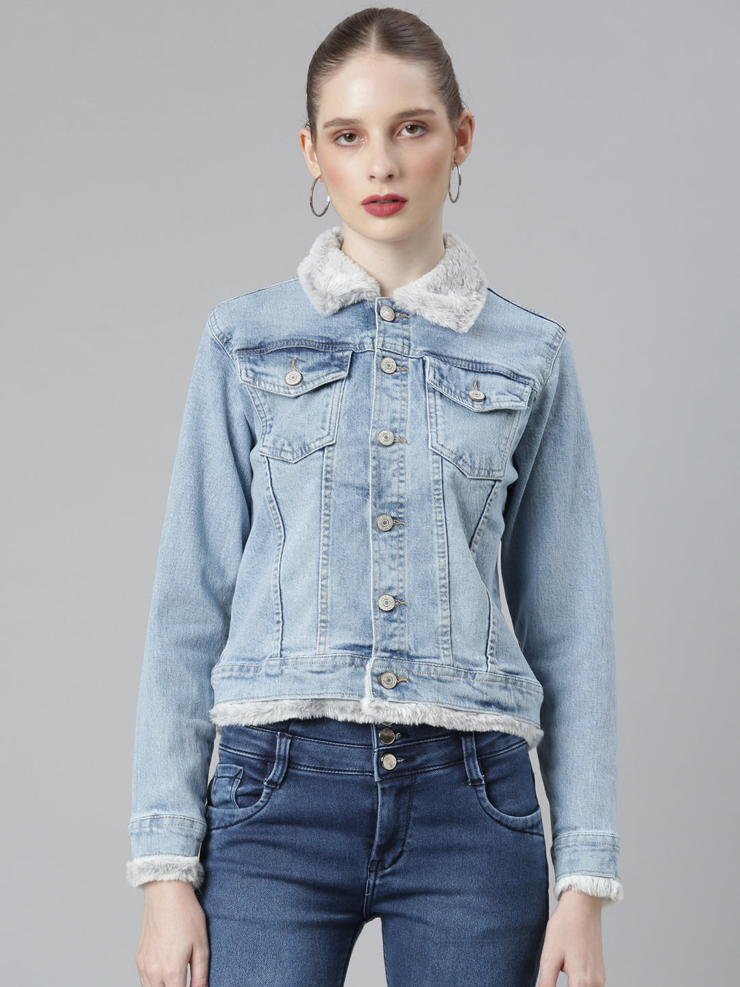 Women Blue Solid Denim Jacket